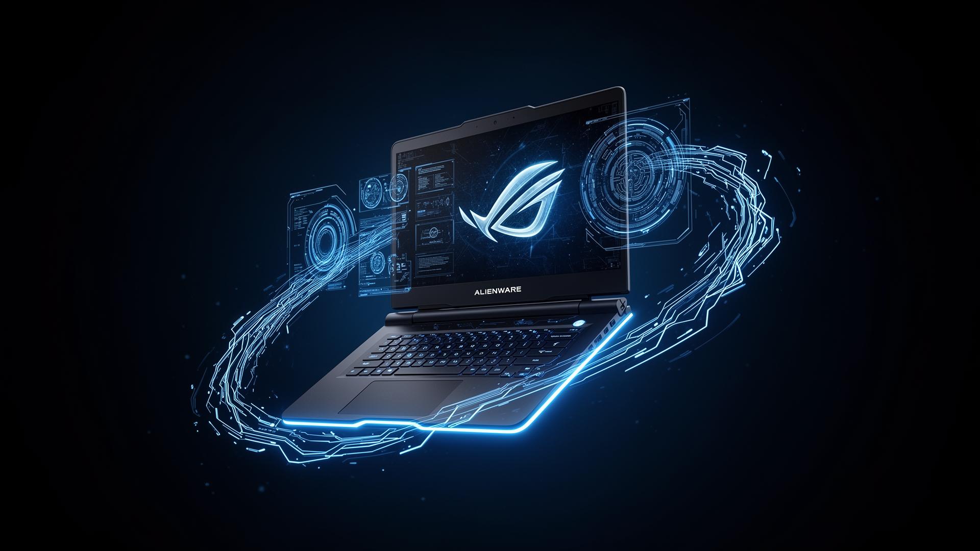 Falcon Tech futuristic gaming laptop with circuit effects